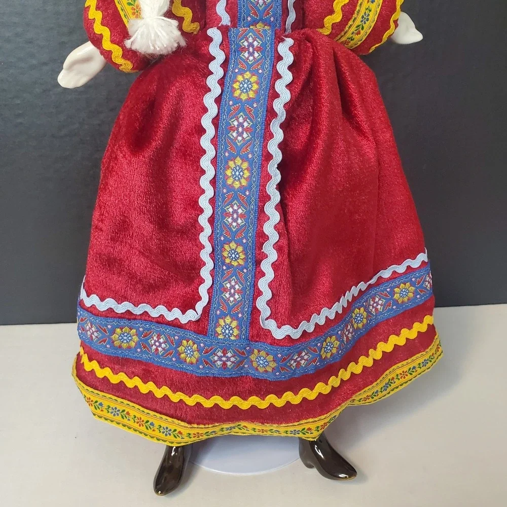 Russian Folk Costume Doll Porcelain Face Hands Feet Red Velvet Dress Fur Hat 16